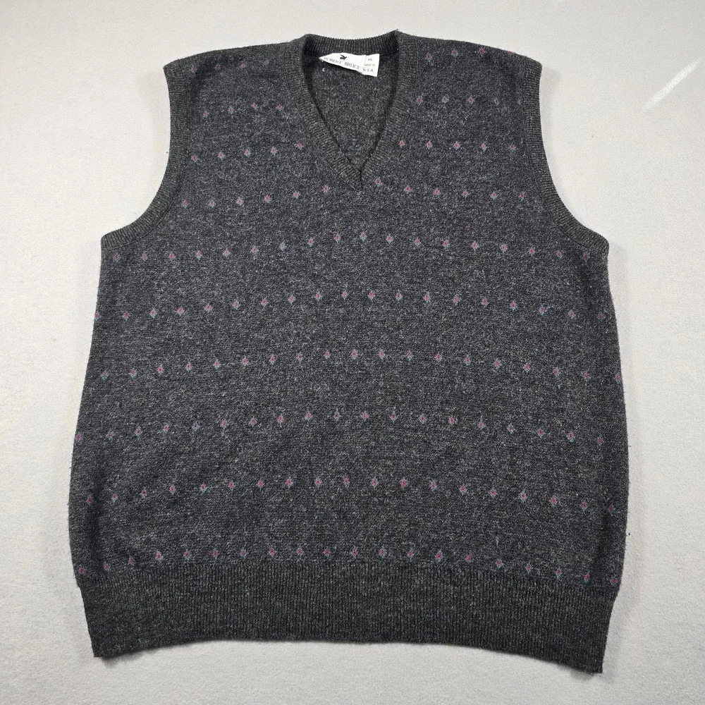 Robert Bruce Mens XL Gray Sweater Vest V-Neck Geometric‎ Orlon Acrylic Vintage